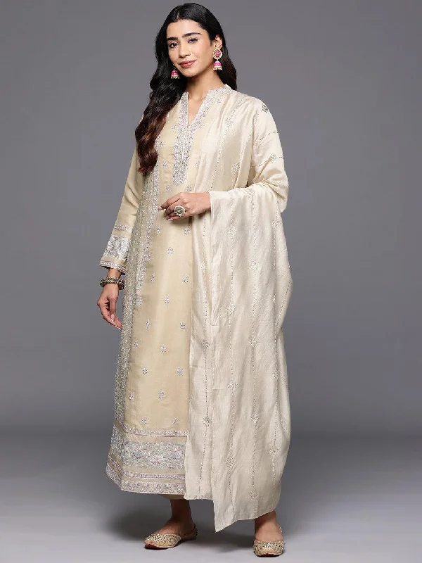 Short Design Libas Art Beige Embroidered Silk Blend A-Line Kurta With Trousers & Dupatta