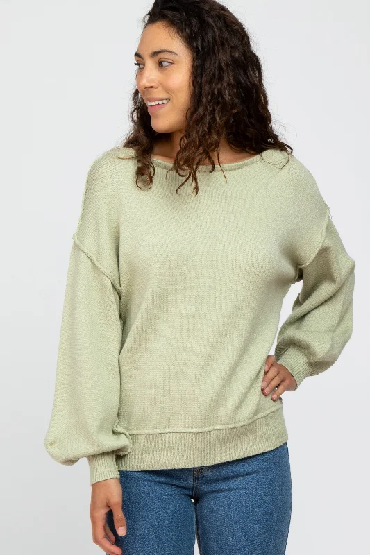 Thin Design Light Olive Boat Neck Bubble Sleeve Sweater