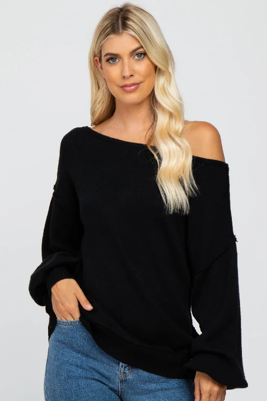 Romantic And Fresh Black Boat Neck Bubble Sleeve Sweater