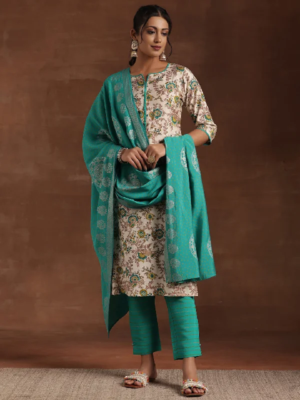 High-quality Fabrics Blue Printed Silk Blend Straight Suit With Dupatta