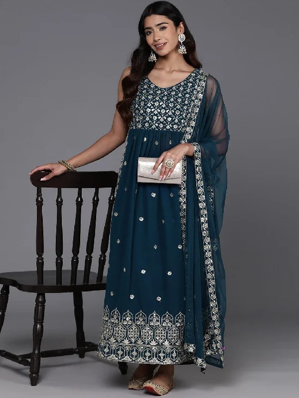 Noble Temperament Teal Embroidered Georgette A-Line Kurta With Trousers & Dupatta