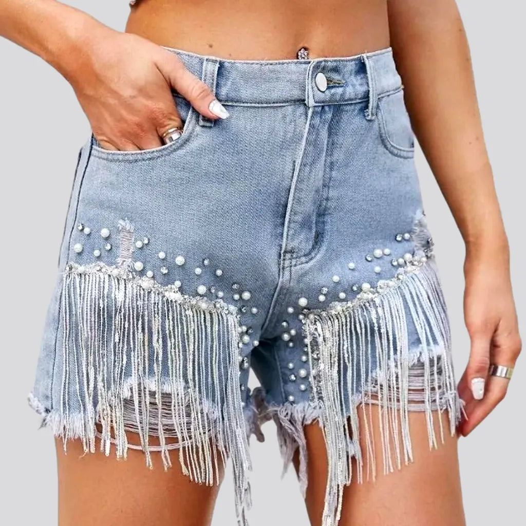 End Of The Year Embellished light-wash jean shorts for ladies