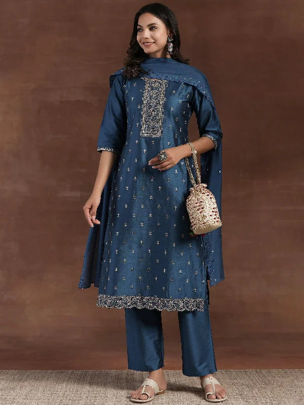 Elegant Style Blue Embroidered Silk Blend Straight Suit With Dupatta