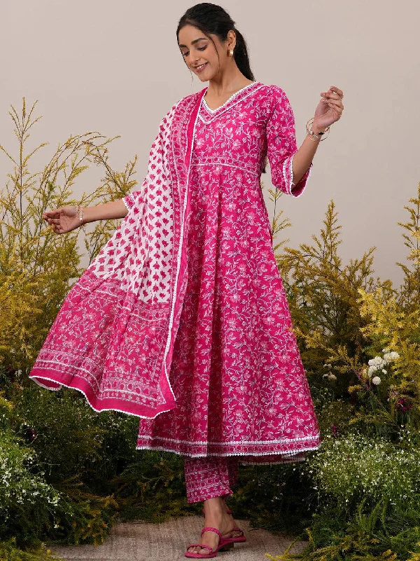 Elegant And Casual Pink Printed Cotton A-Line Kurta With Trousers & Dupatta