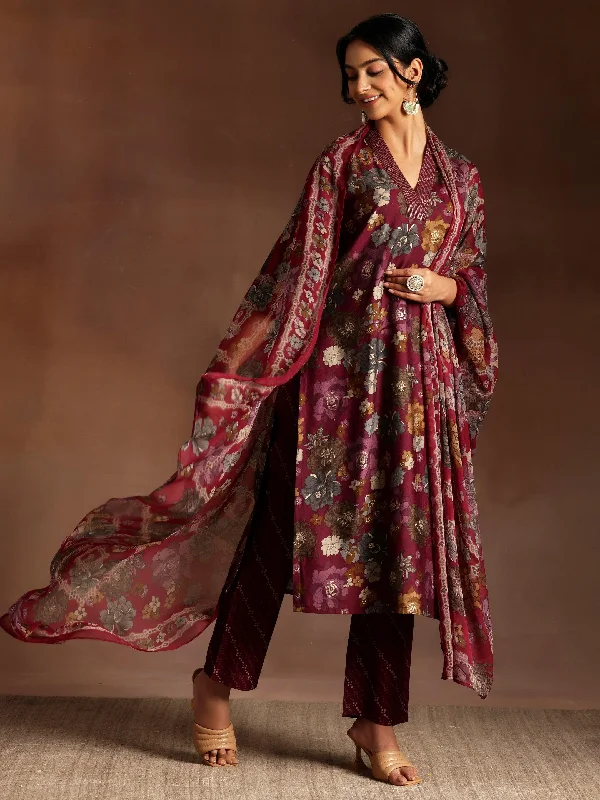 French Style Burgundy Printed Silk Blend Straight Suit With Dupatta