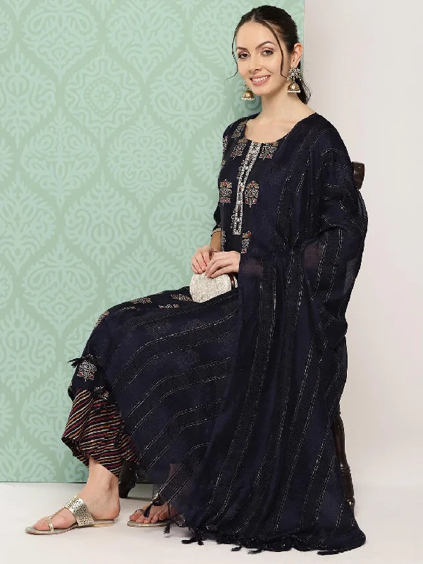 Feminine Charm Blue Printed Silk Blend Straight Suit With Dupatta