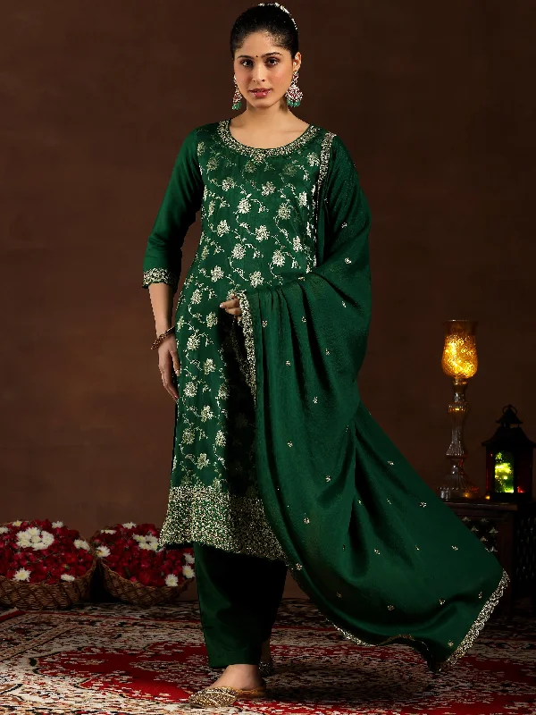 Creative Prints Green Woven Design Silk Blend Straight Suit With Dupatta