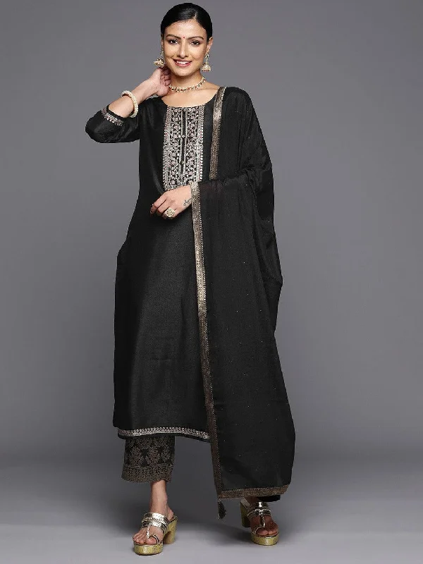 Casual And Comfortable Black Yoke Design Silk Blend Straight Kurta With Trousers & Dupatta