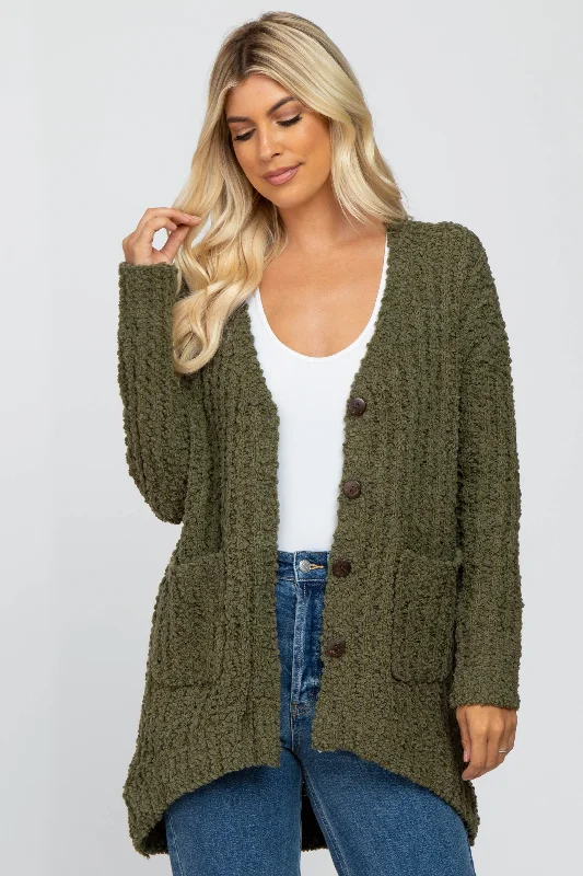 Light And Breathable Olive Popcorn Knit Hi-Low Cardigan