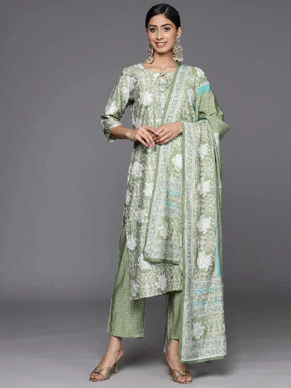 Lazy Home Green Printed Silk Blend Straight Kurta With Trousers & Dupatta