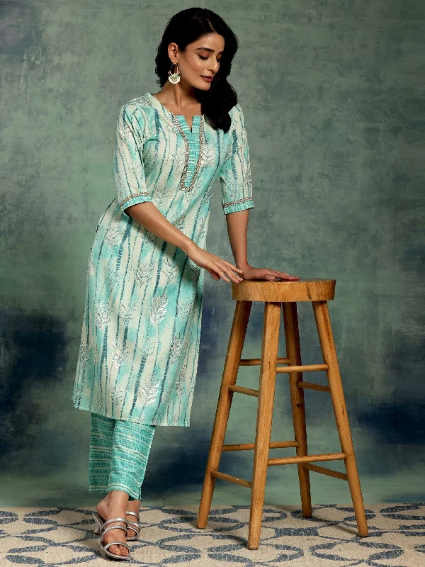 Multifunctional Style Blue Printed Rayon Straight Kurta Set