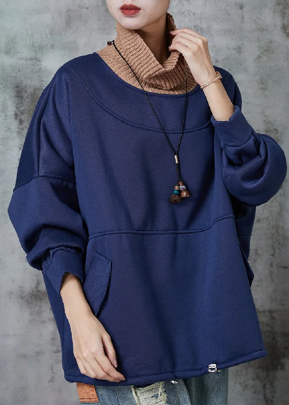 Classic Series Style Navy Turtle Neck Patchwork Cotton Loose Sweatshirt Spring