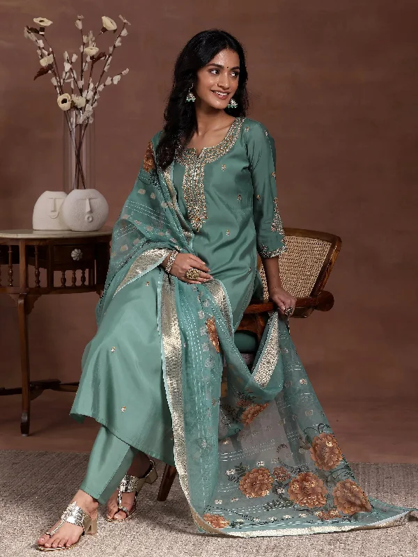 Romantic Data Green Embroidered Silk Blend Straight Suit With Dupatta