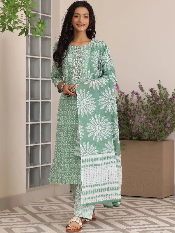 Feminine Charm Green Printed Cotton Straight Suit With Dupatta