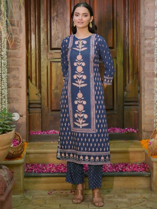 Exclusive Customization Blue Printed Poly Crepe Straight Kurta Set