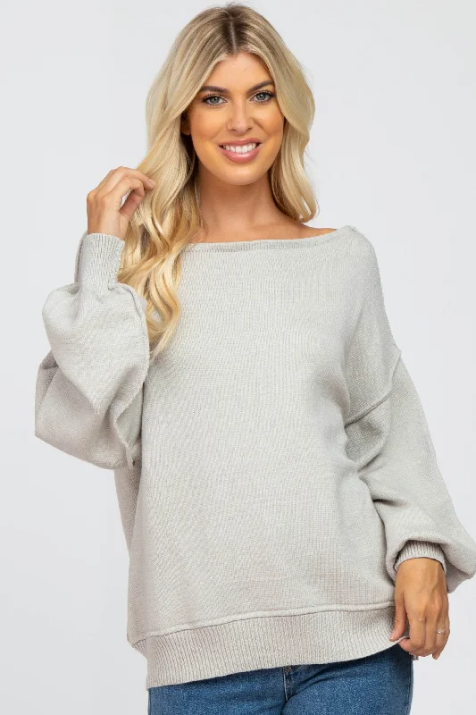 Girl Style Grey Boat Neck Bubble Sleeve Sweater