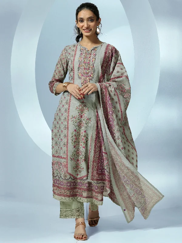 Versatile Items Grey Printed Linen Straight Suit With Dupatta