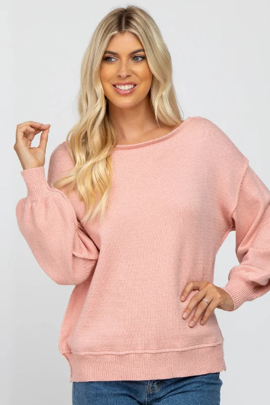 Luxury Temperament Light Pink Boat Neck Bubble Sleeve Sweater