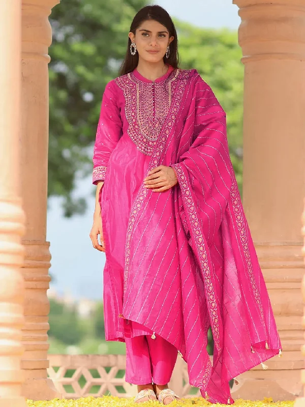 Fashion Elements Libas Art Pink Yoke Design Chanderi Silk Straight Suit With Dupatta