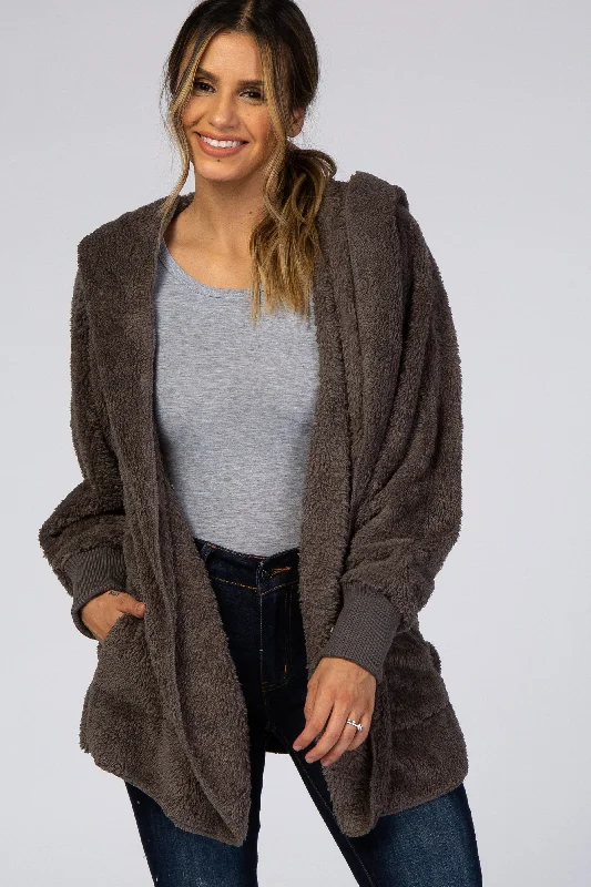 Knowledge And Elegance Charcoal Fuzzy Hooded Long Sleeve Jacket