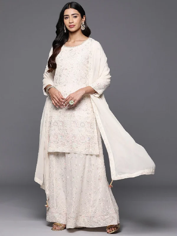 Urban Style Libas Art Cream Embroidered Georgette Straight Suit With Dupatta