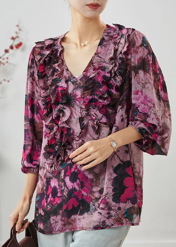 Comfortable Design Purple Print Chiffon Blouses V Neck Ruffled Spring