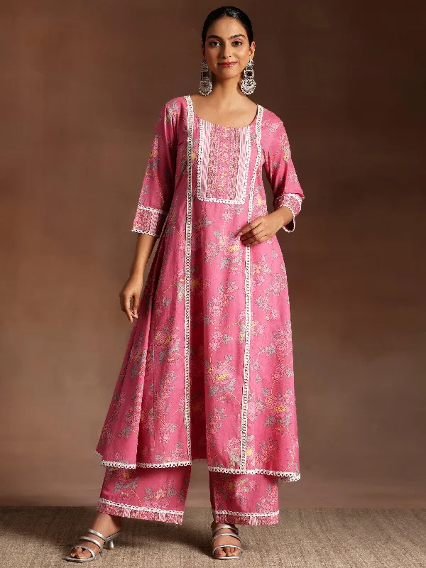 Unique Design Rukhsaar Pink Printed Cotton A-Line Kurta With Palazzos