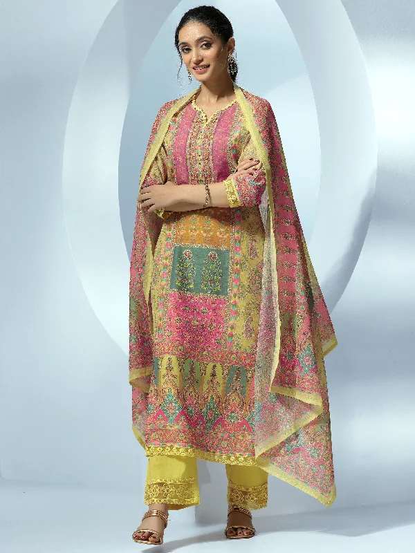 Classic Retro Yellow Printed Linen Straight Suit With Dupatta