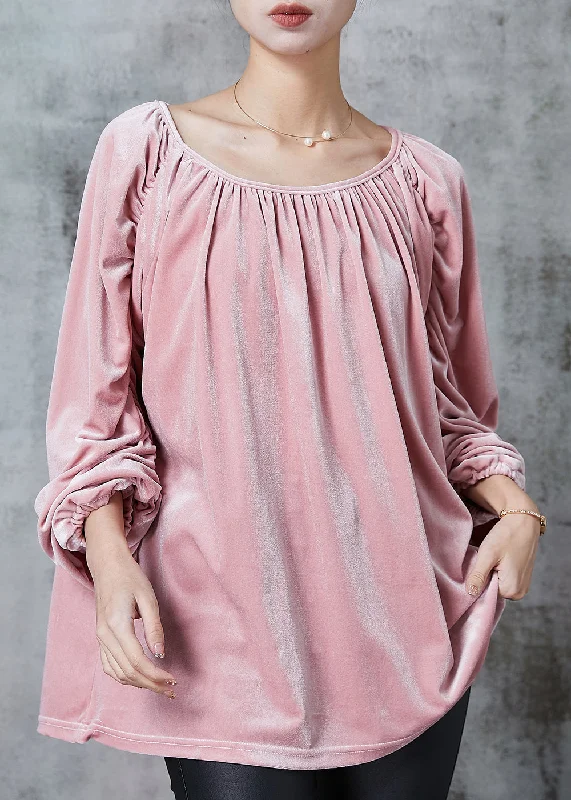 Elegant Temperament Handmade Pink Oversized Wrinkled Silk Velour Top Spring