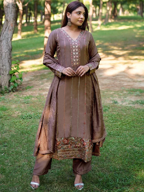 Dessert Matching Brown Embroidered Silk Straight Suit With Dupatta