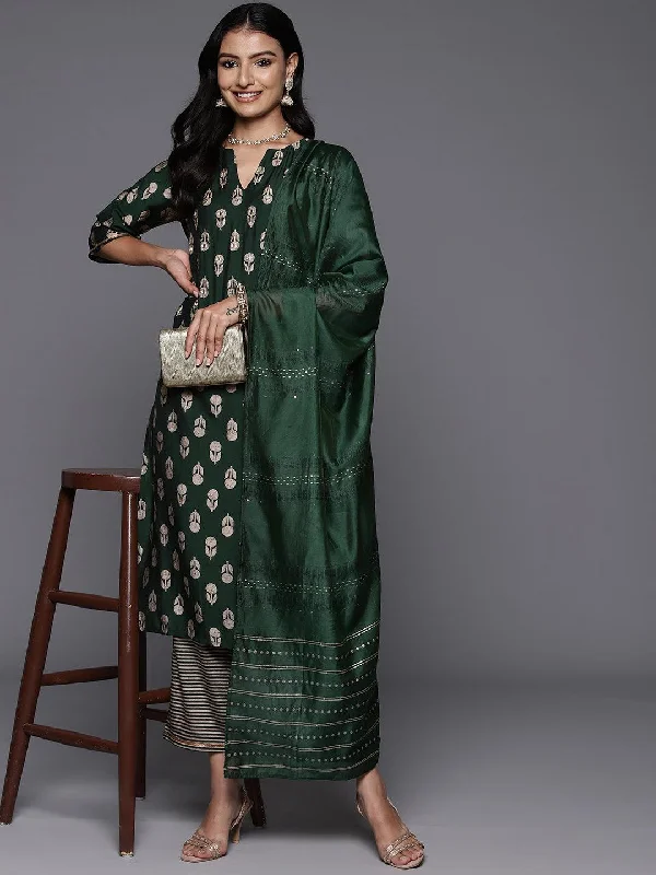 Modern City Green Printed Silk Blend Straight Suit With Dupatta