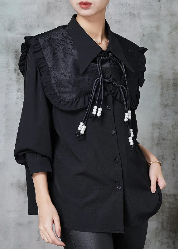 Design And Tailoring Style Black Tasseled Chinese Button Cotton Shirt Spring