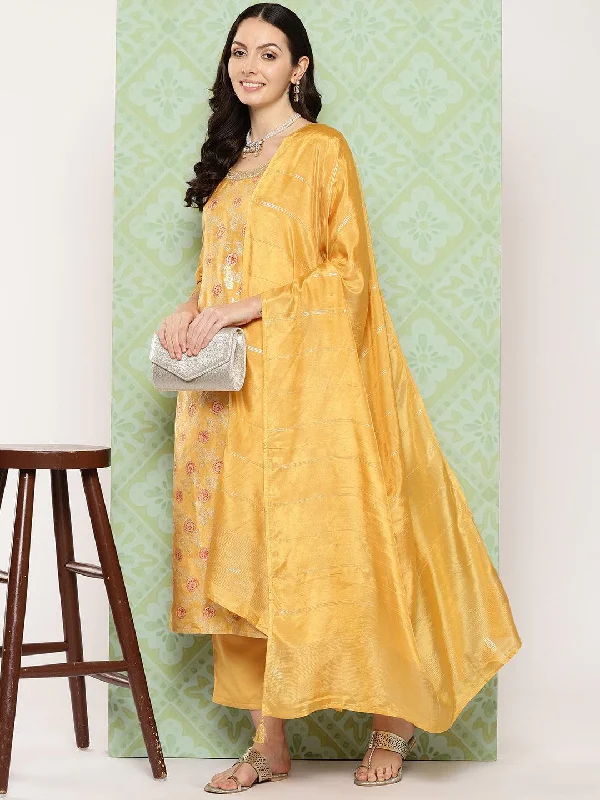 Bright Colors Mustard Woven Design Silk Blend Straight Suit With Dupatta