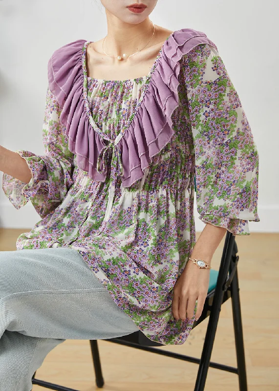 Sports Design Purple Print Chiffon Shirts Ruffled Wrinkled Spring