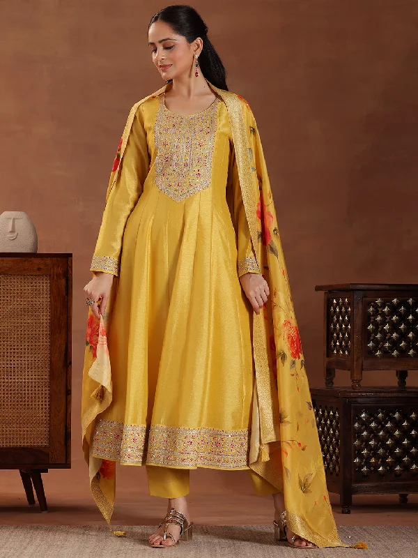 Lively And Youthful Yellow Yoke Design Silk Blend A-Line Kurta With Trousers & Dupatta