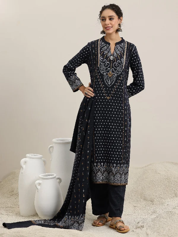 Denim Design Blue Priinted Wool Blend Straight Suit With Dupatta