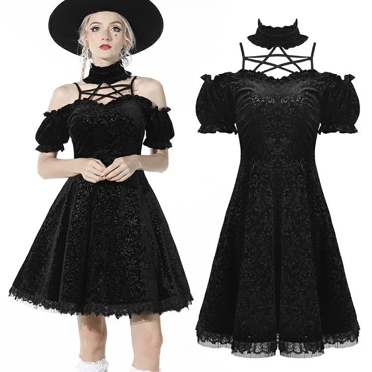 New Season Series Women's Gothic Stand Collar Off Shoulder Black Velvet Dress