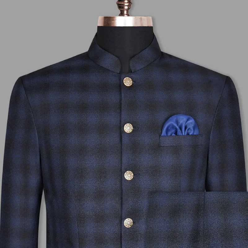 Fashion Style Zodiac Blue Plaid Bandhgala/Mandarin Wool-Silk blend Suit