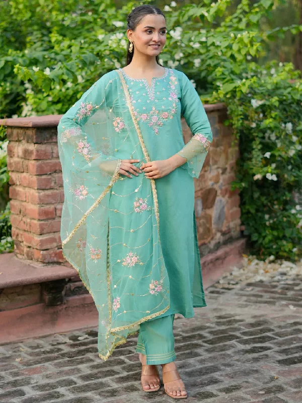 Minimalism Green Yoke Design Silk Blend Straight Suit With Dupatta