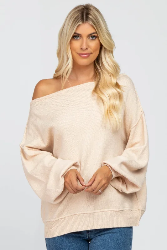 Classic Beige Boat Neck Bubble Sleeve Sweater