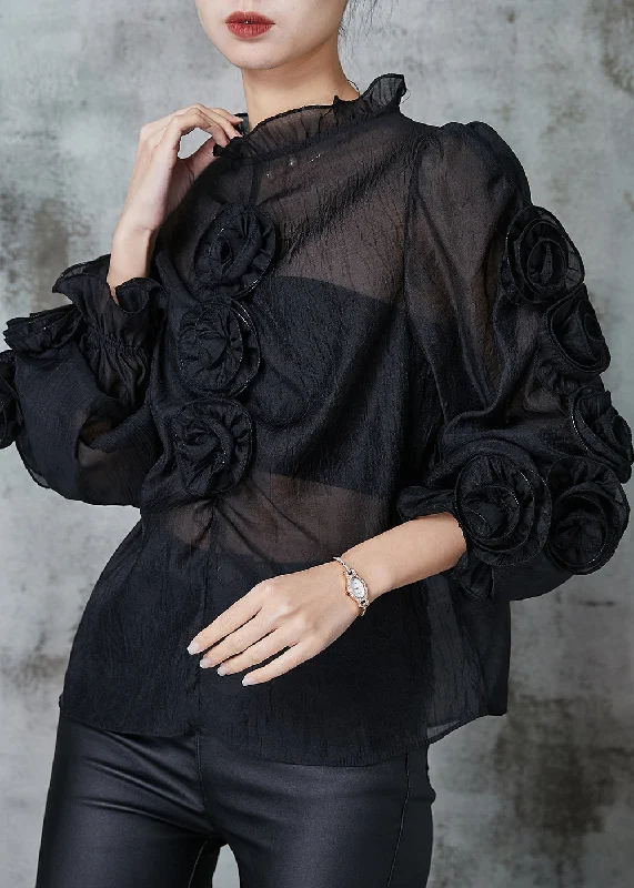 Fashion Elements Art Black Ruffled Floral Chiffon Shirt Spring