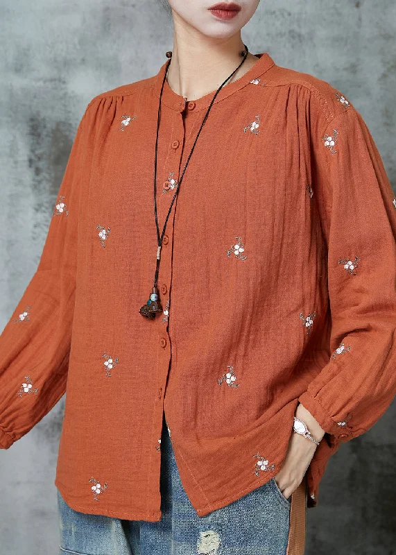 Comfortable Design Orange Comfortable Cotton Blouses Embroidered Spring