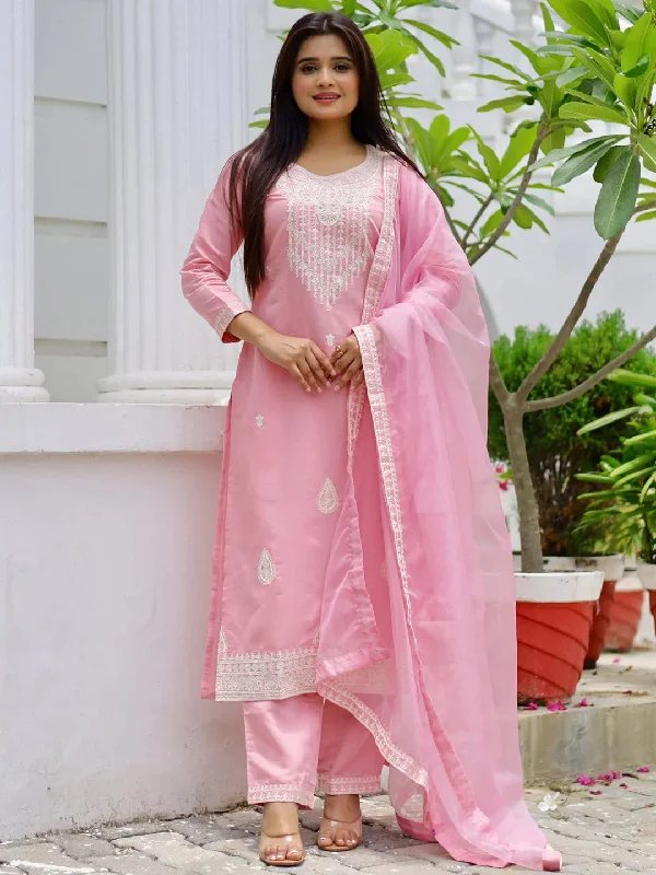 Exquisite Craftsmanship Pink Embroidered Silk Blend Straight Suit With Dupatta