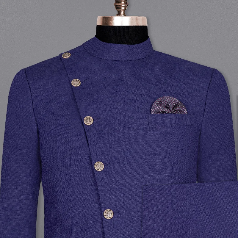 Sweet Style Jacarta Blue Cross Placket Wool Rich Bandhgala Suit