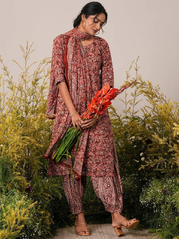 Bottom And Versatile Rust Printed Cotton Straight Suit With Dupatta