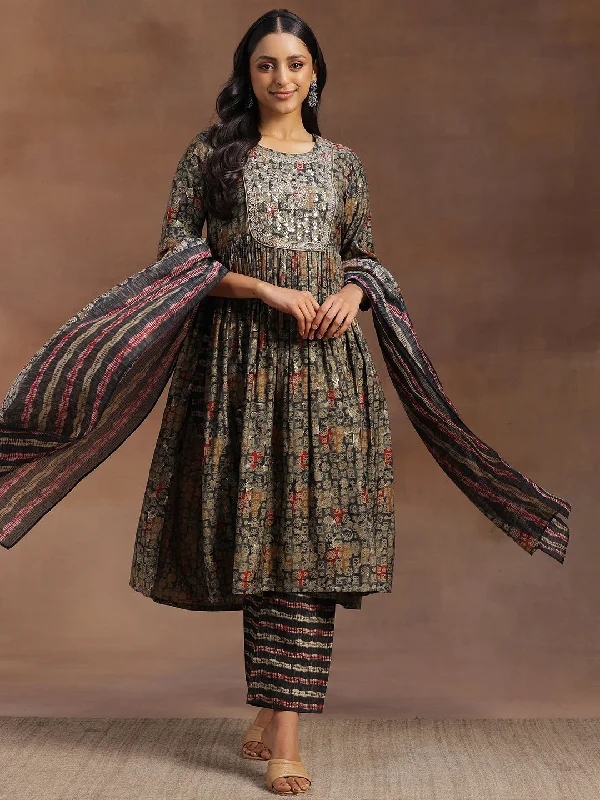 Fashion Selection Green Printed Silk Blend A-Line Kurta With Trousers & Dupatta