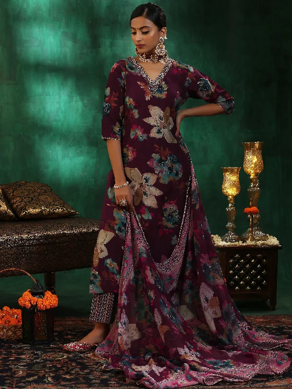 Advanced Customization Burgundy Printed Silk Blend Straight Suit With Dupatta