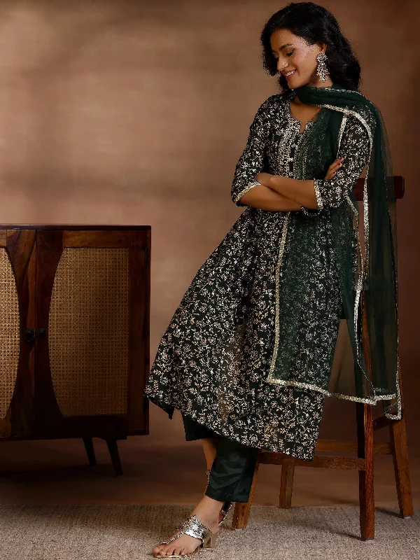 Street Fashion Green Printed Georgette A-Line Kurta With Trousers & Dupatta