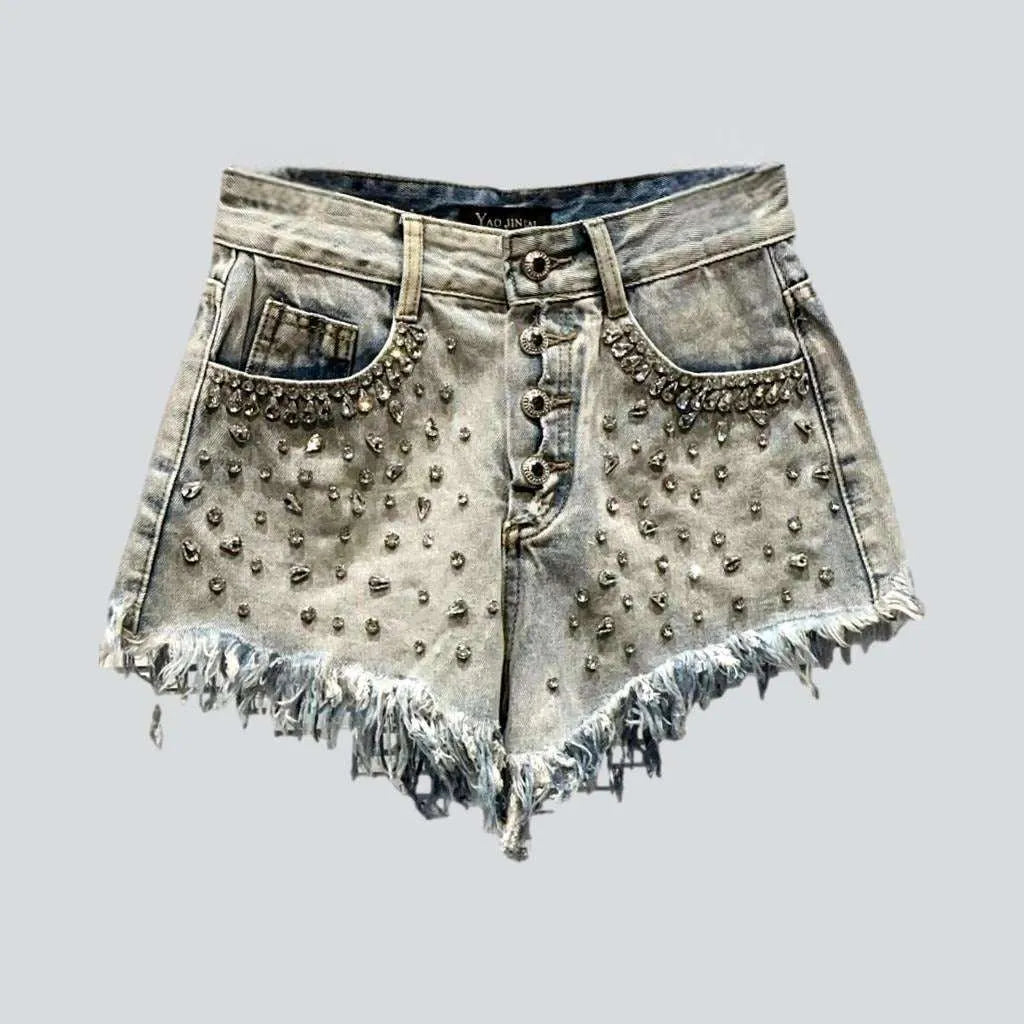 Embroidered Letters Diamond rhinestone distressed denim shorts