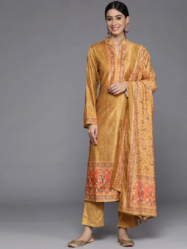 New Products Mustard Printed Velvet Straight Kurta With Dupatta